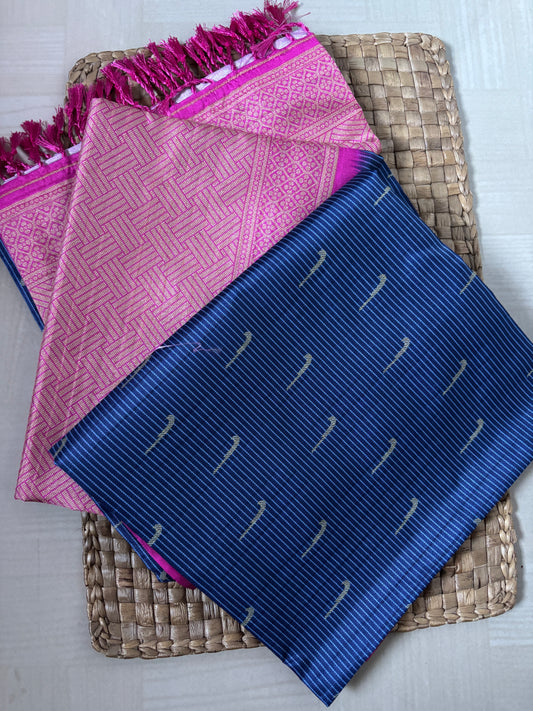 Buy Semi Silk Saree online – Pink & Blue Semi Silk Saree side view