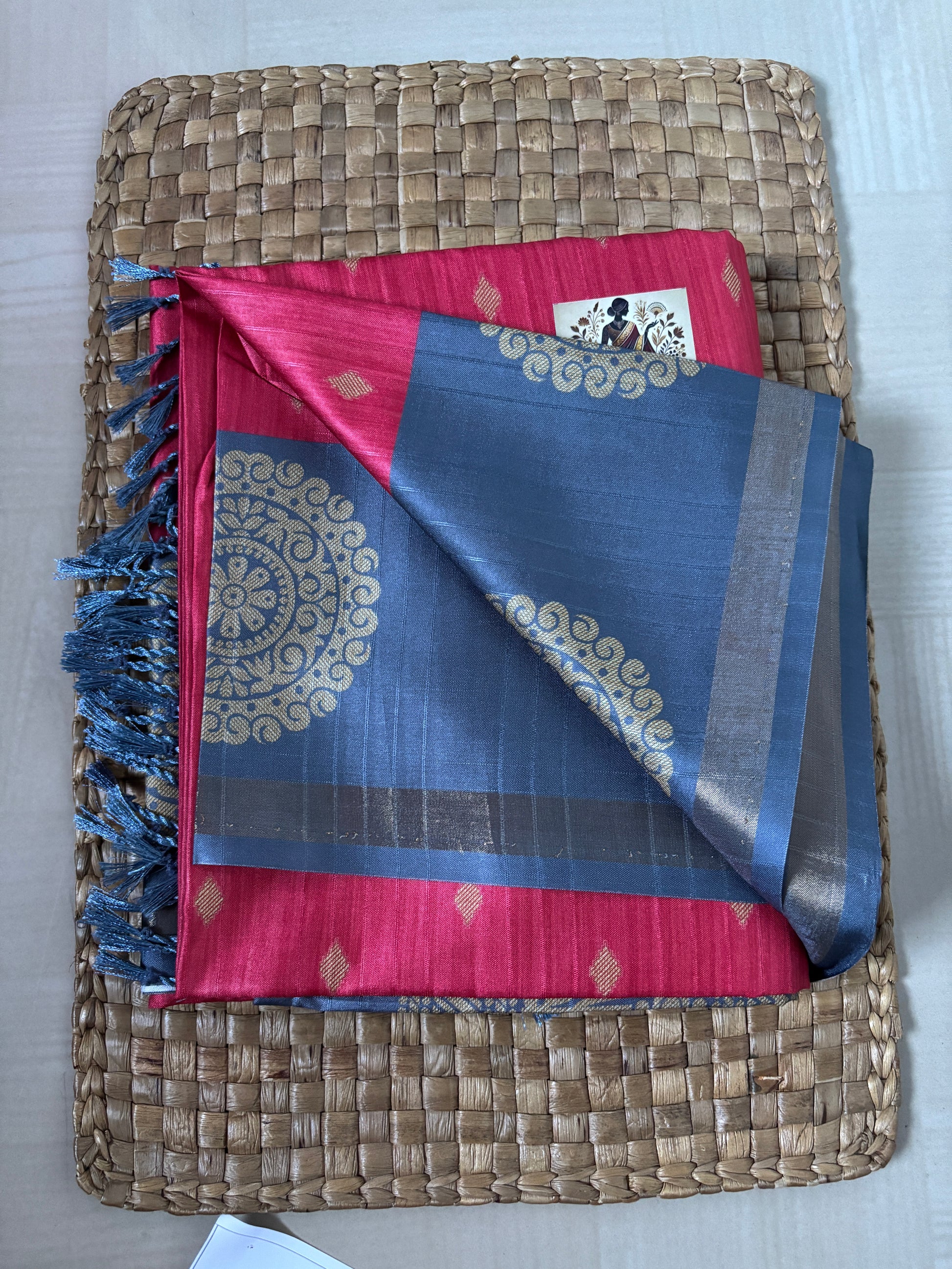 Buy Semi Silk Saree online – Pink & Grey Semi Silk Saree side view