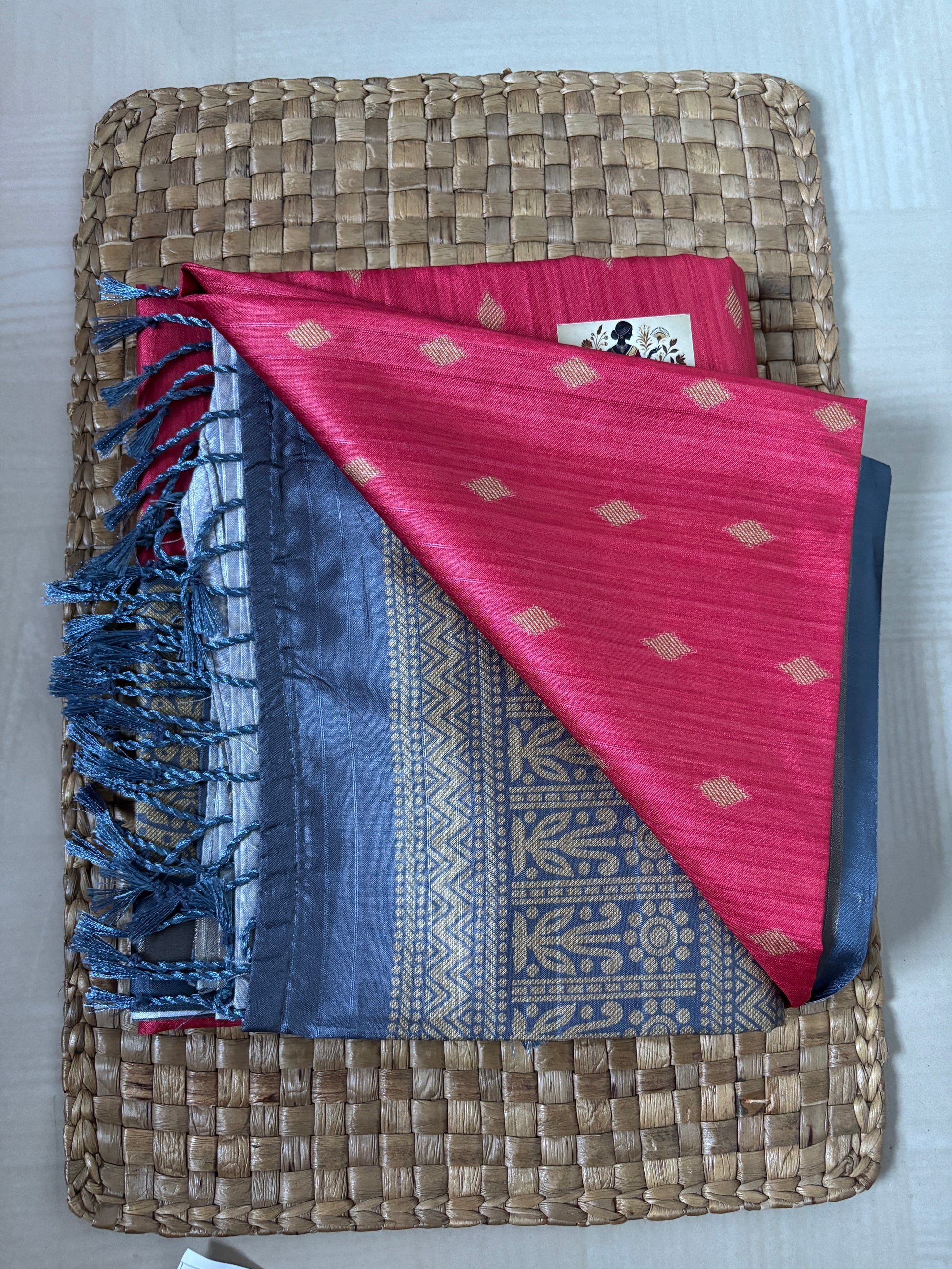 Buy Semi Silk Saree online – Pink & Grey Semi Silk Saree rear view