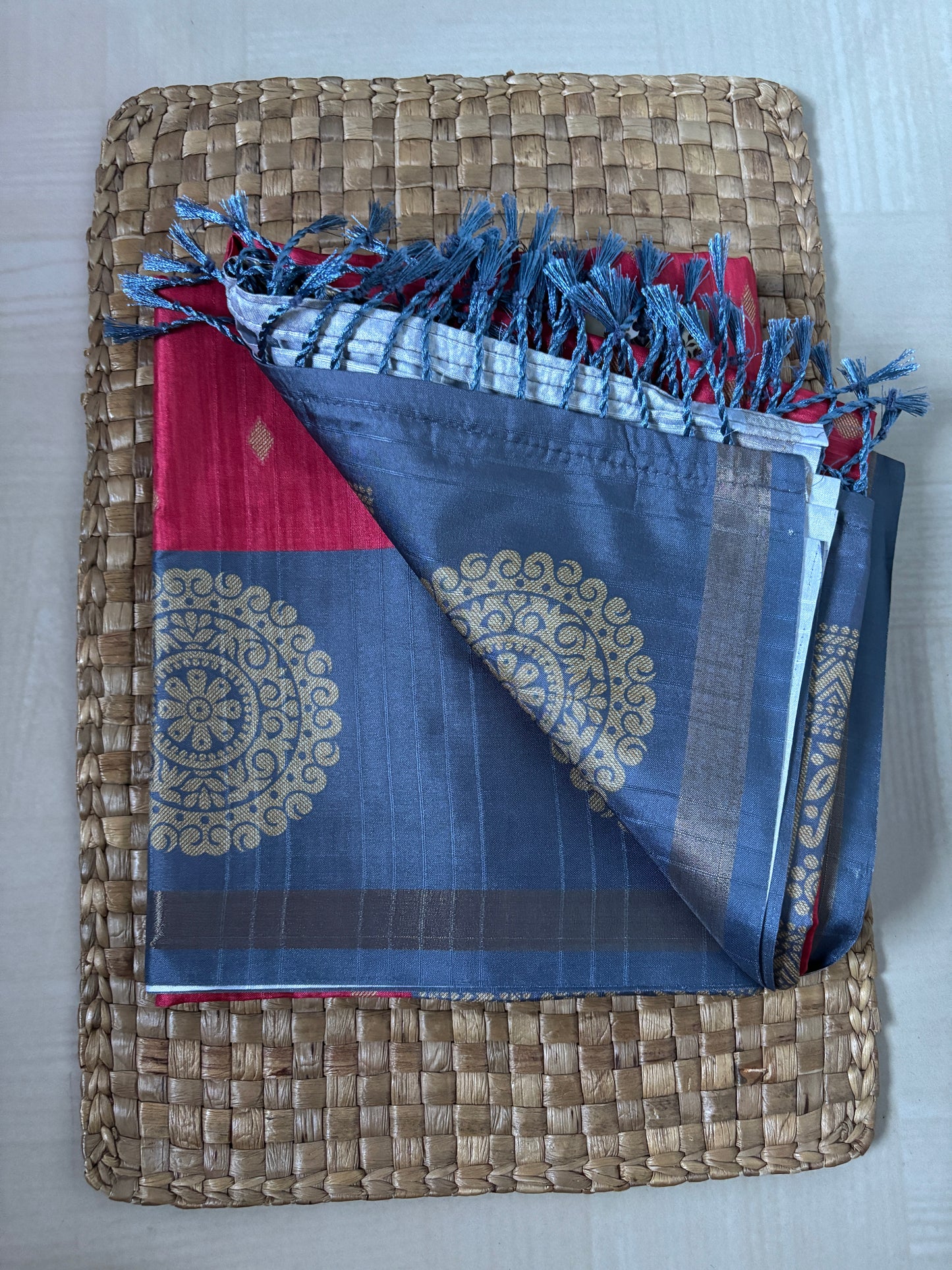 Buy Semi Silk Saree online – Pink & Grey Semi Silk Saree full view