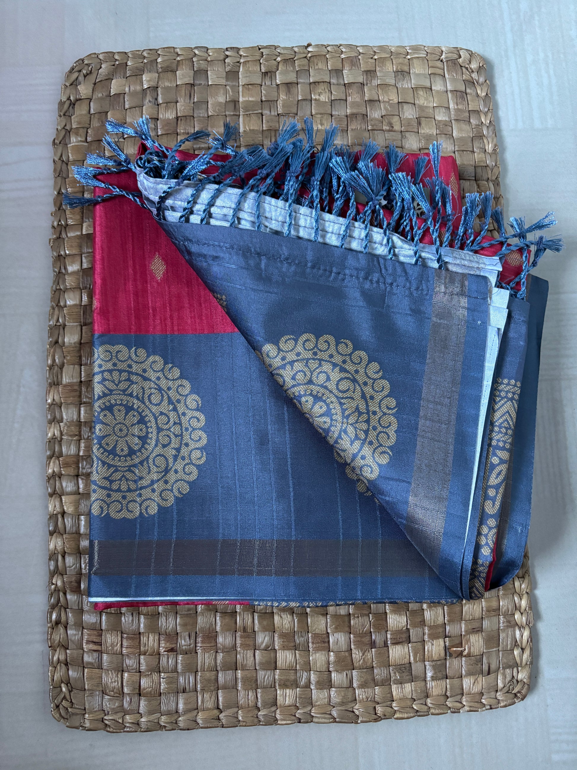 Buy Semi Silk Saree online – Pink & Grey Semi Silk Saree full view