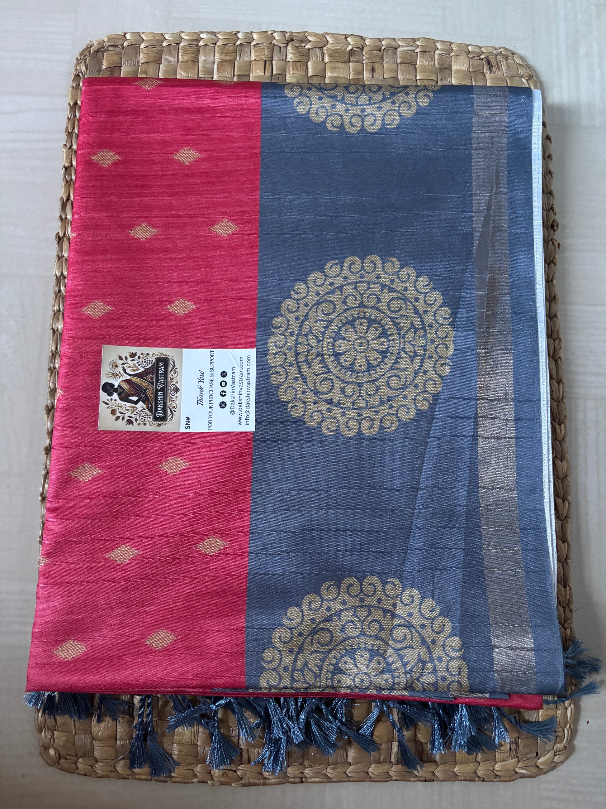 Buy Semi Silk Saree online – Pink & Grey Semi Silk Saree blouse view