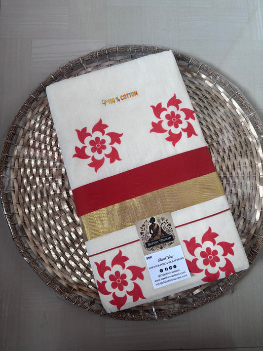 Buy Kerala Kasavu Saree online – Red Floral Zari Saree front view