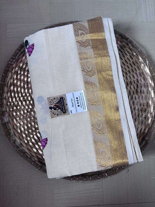 Buy Kerala Kasavu Saree online – Peacock Zari Saree front view