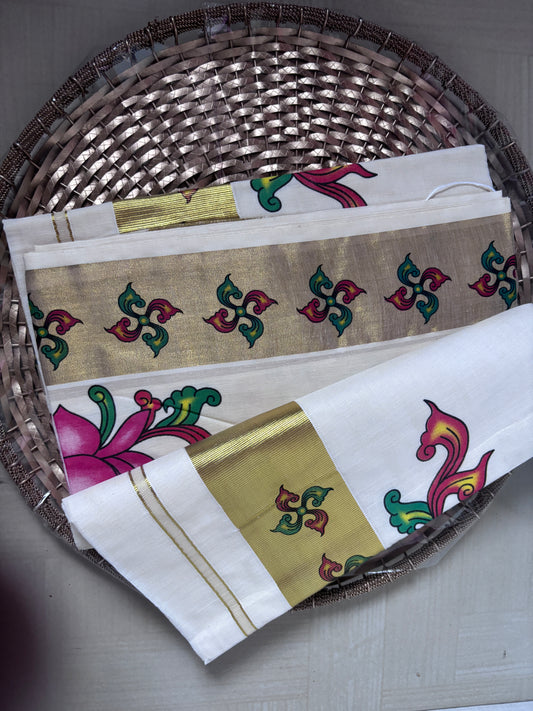 Buy Lotus Kasavu Saree online – Floral Kasavu Saree side view