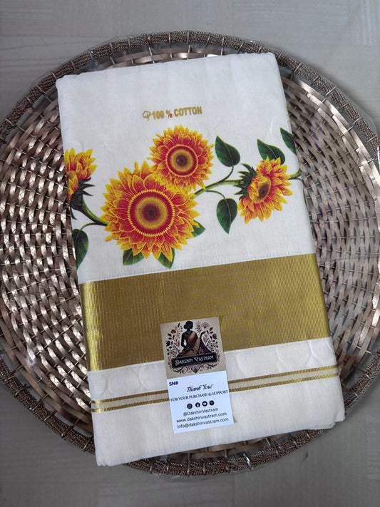 Buy Sunflower Kasavu Saree online – Kerala Cotton Saree front view