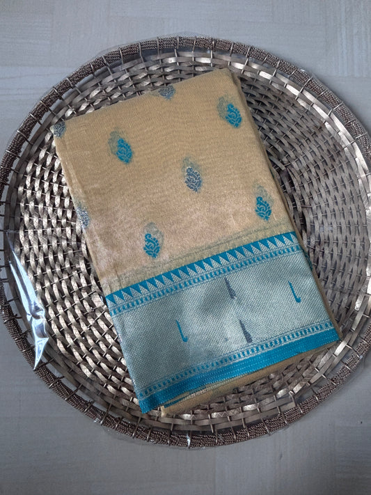 Buy Tissue Silk Saree online – Ivory Aqua Border Saree front view