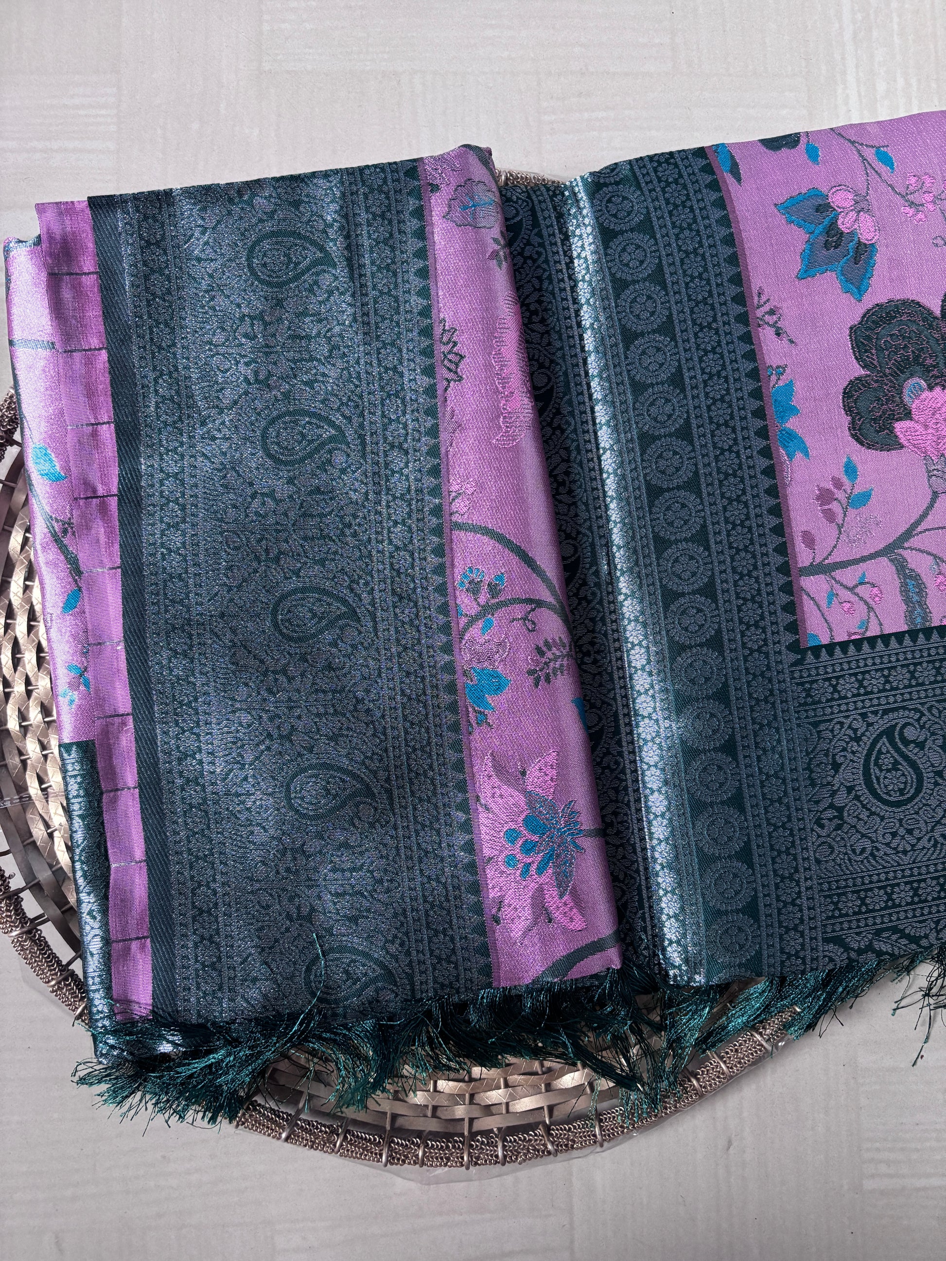 Buy Tissue Silk Saree online – Lavender Teal Saree side view