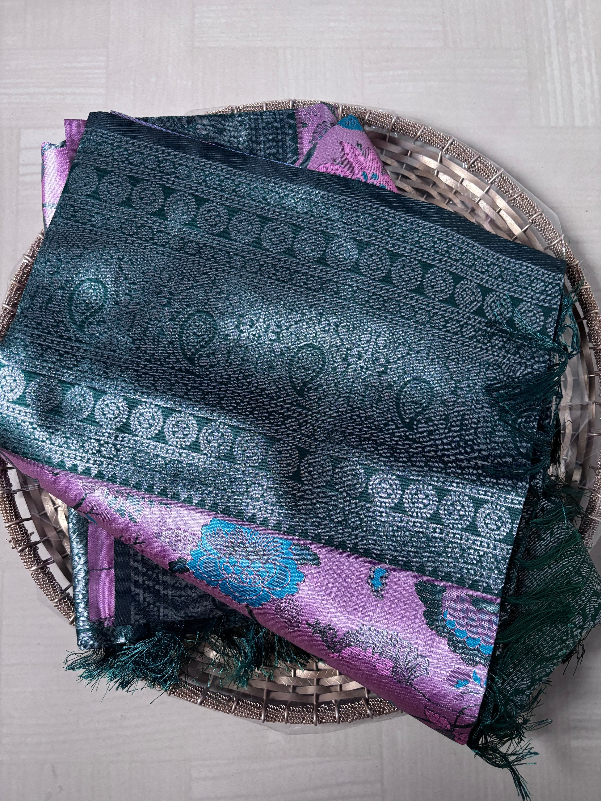 Buy Tissue Silk Saree online – Lavender Teal Saree rear view