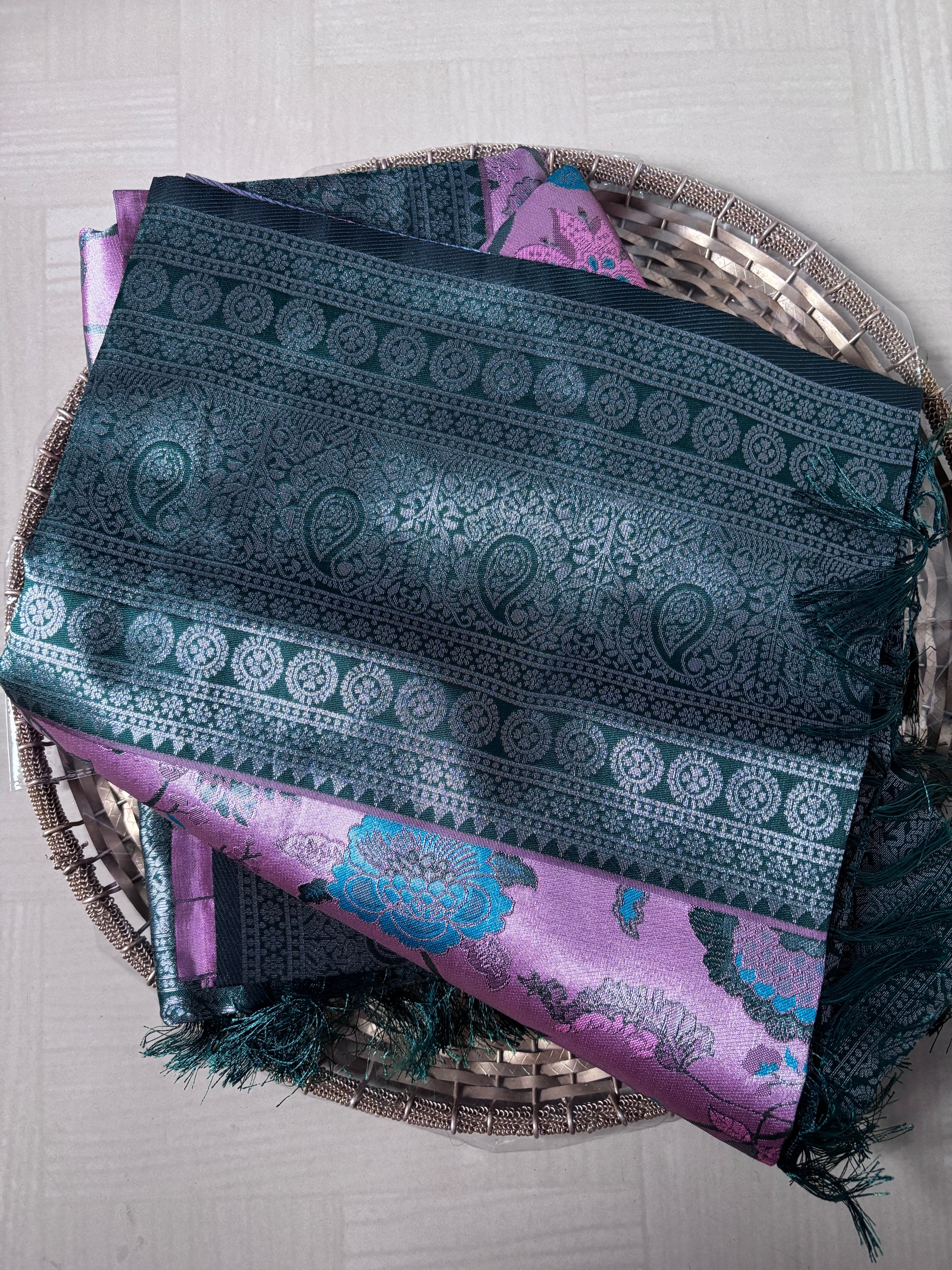 Buy Tissue Silk Saree online – Lavender Teal Saree full view