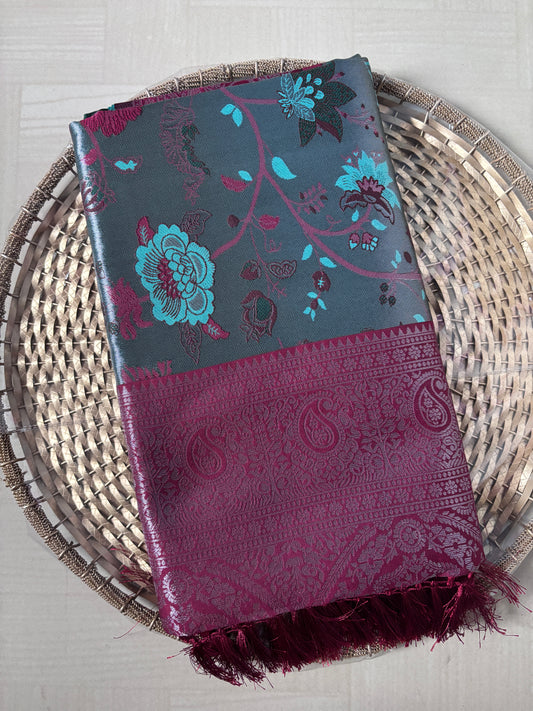 Buy Tissue Silk Saree online – Wine Teal Saree front view