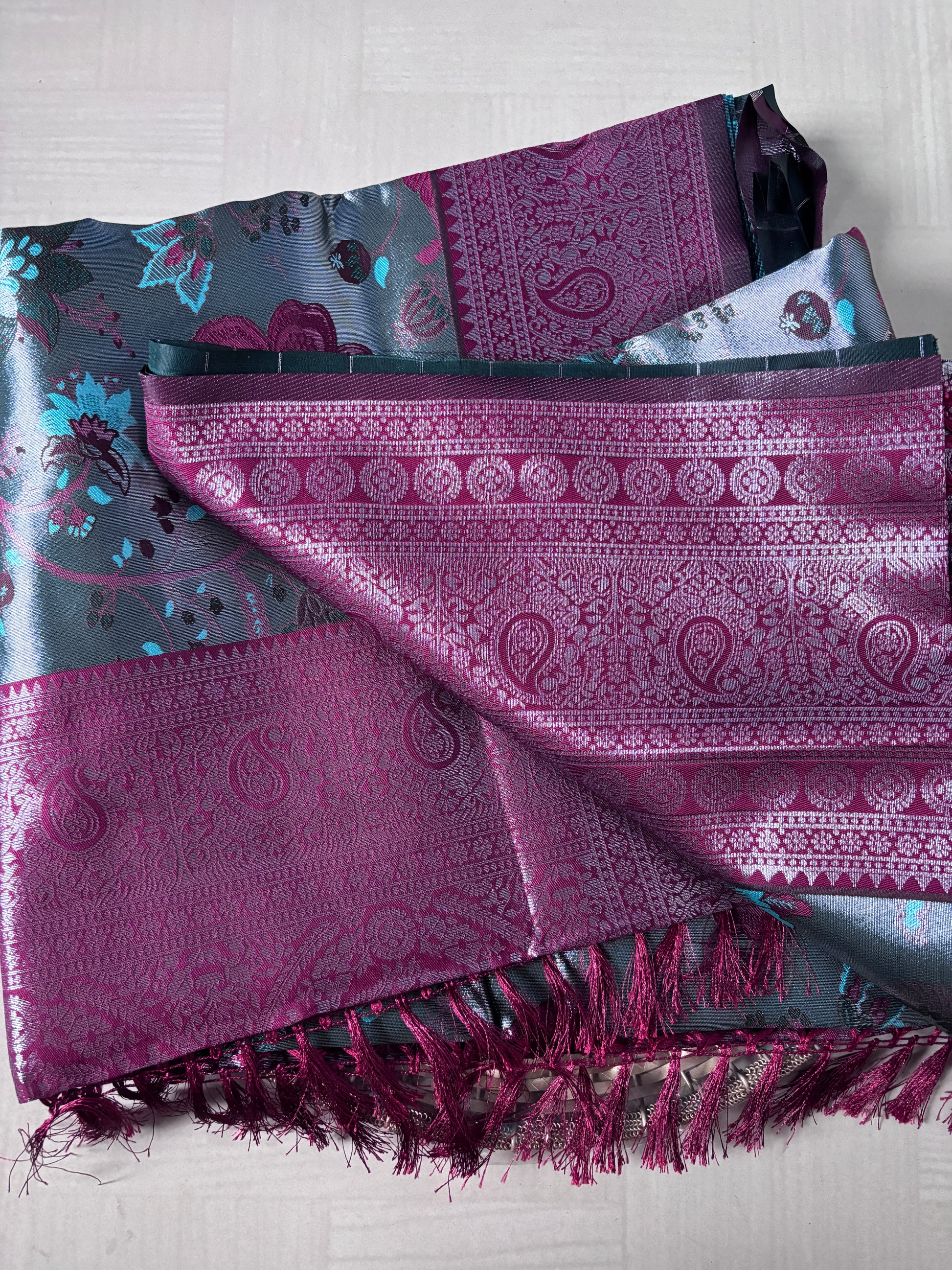 Buy Tissue Silk Saree online – Wine Teal Saree side view