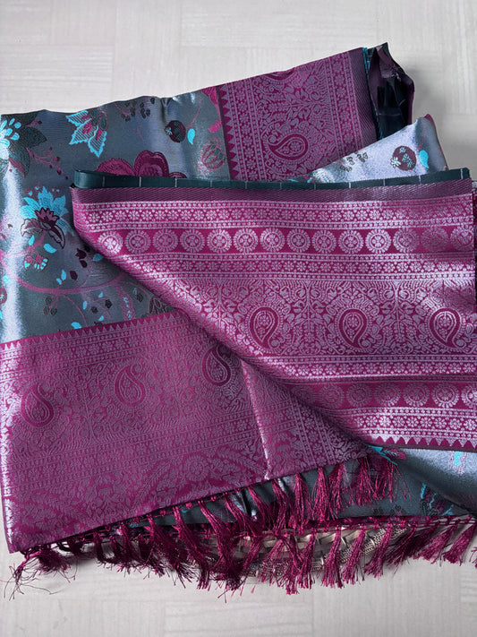 Buy Tissue Silk Saree online – Wine Teal Saree side view