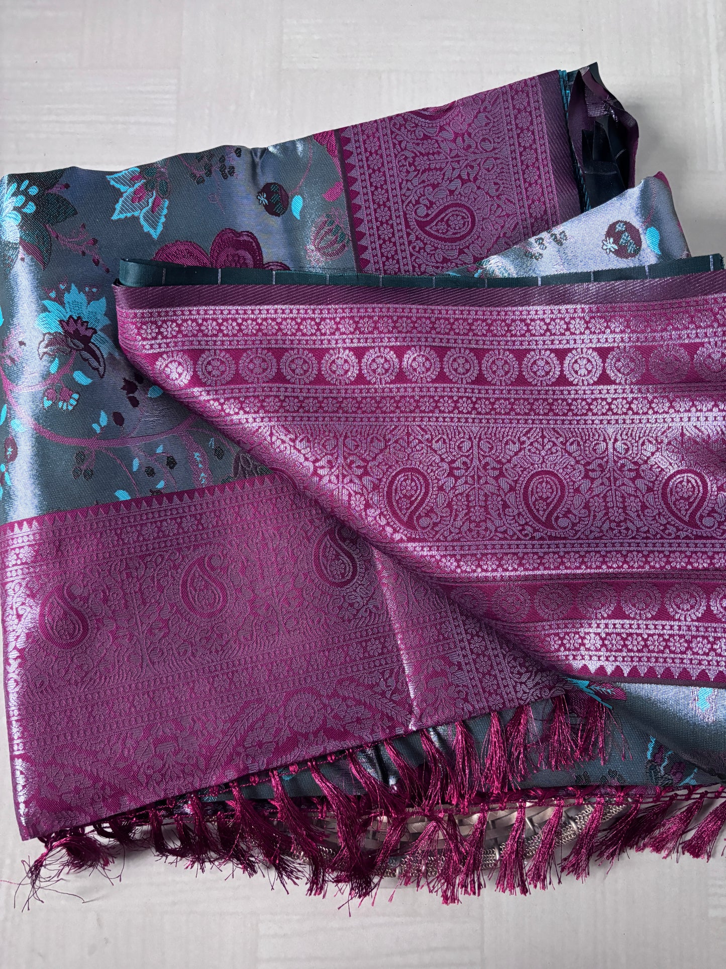 Buy Tissue Silk Saree online – Wine Teal Saree rear view