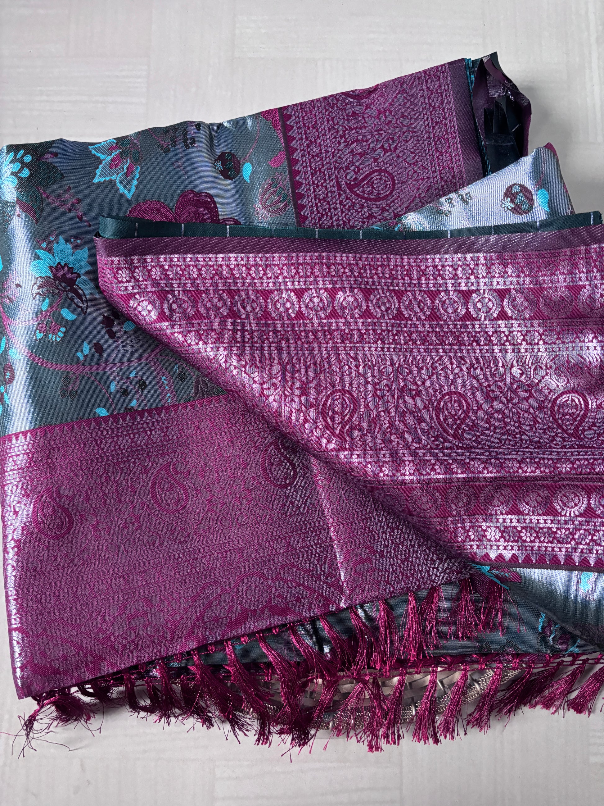 Buy Tissue Silk Saree online – Wine Teal Saree rear view