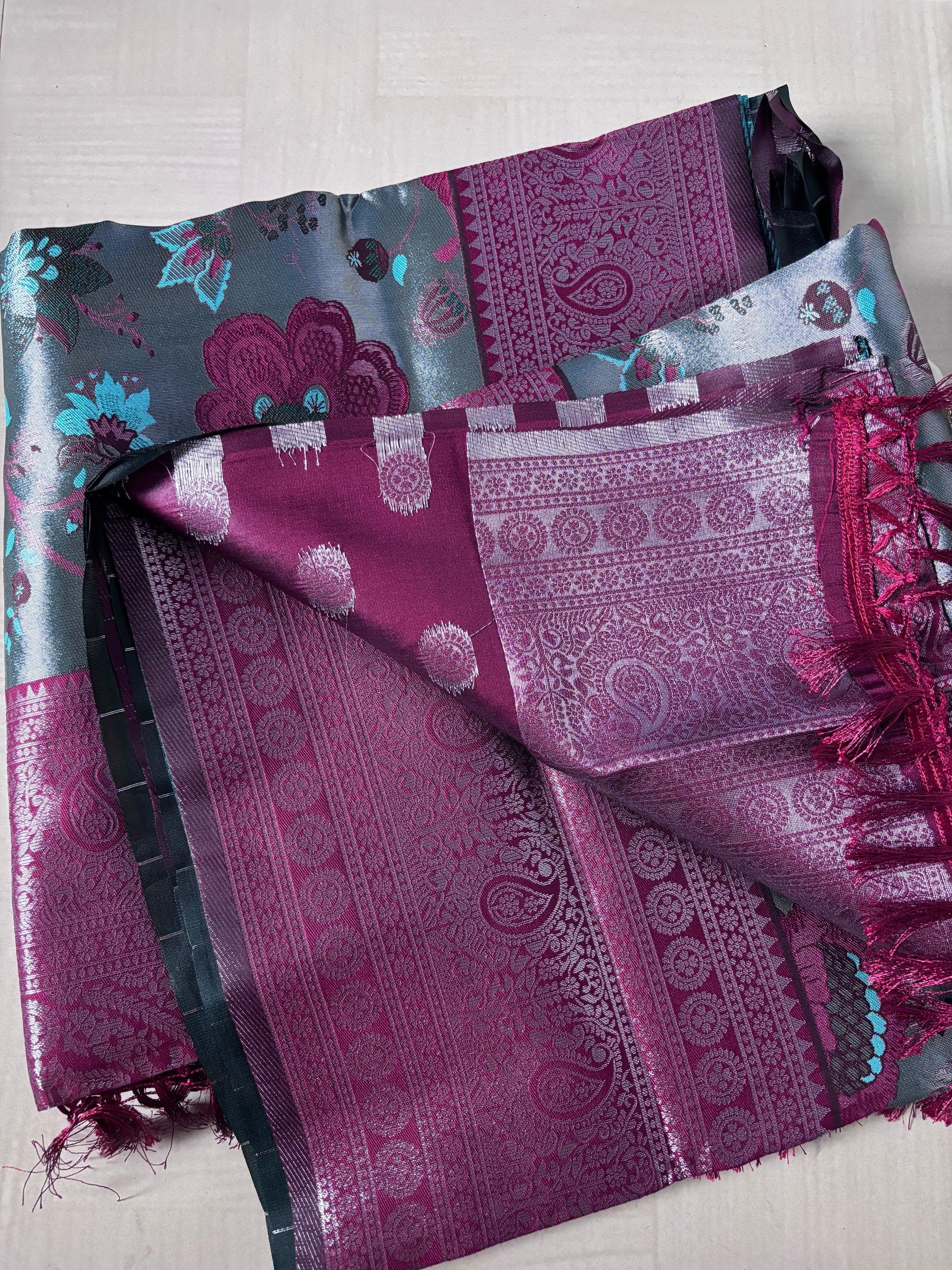 Buy Tissue Silk Saree online – Wine Teal Saree full view