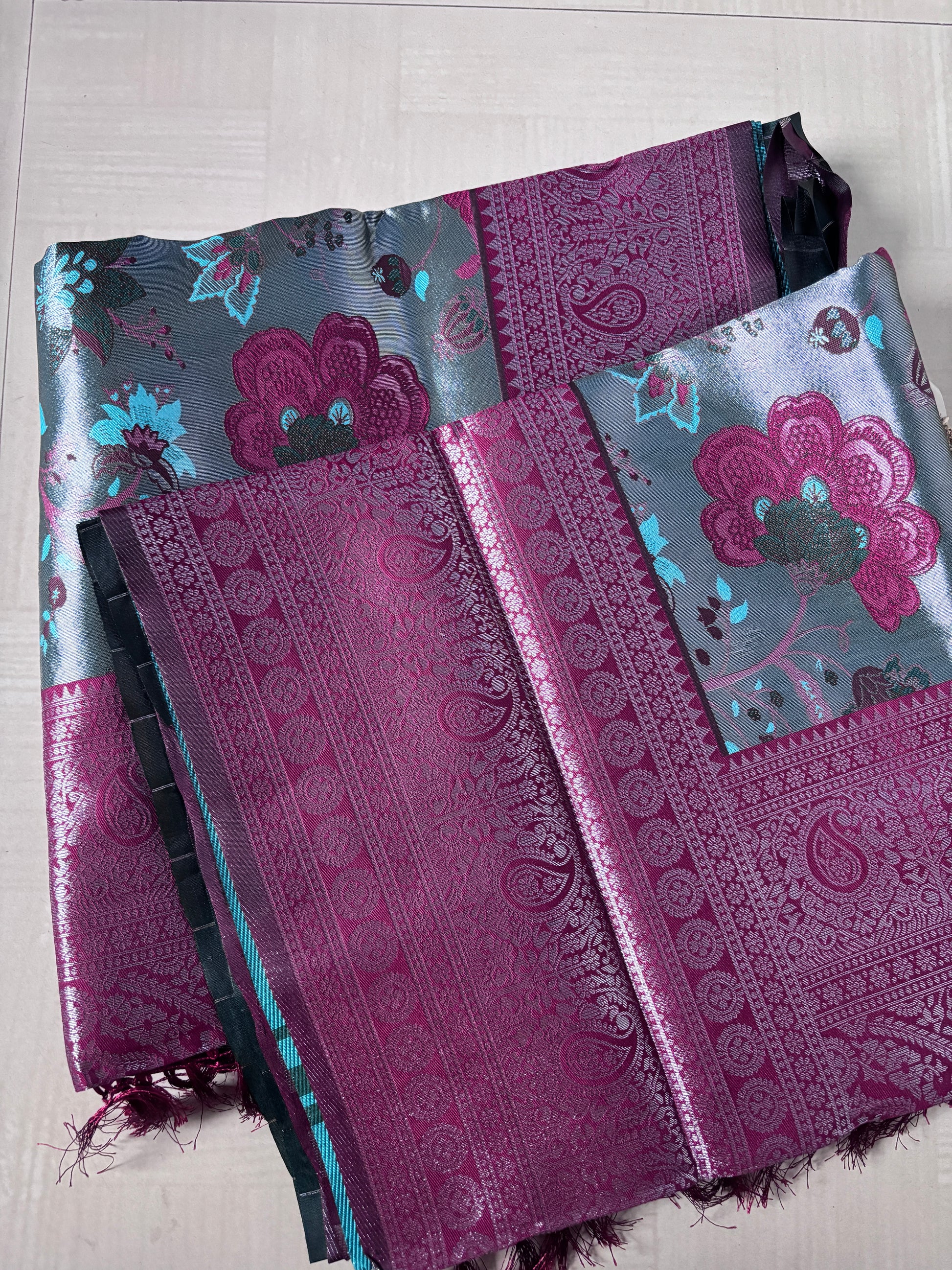 Buy Tissue Silk Saree online – Wine Teal Saree blouse view