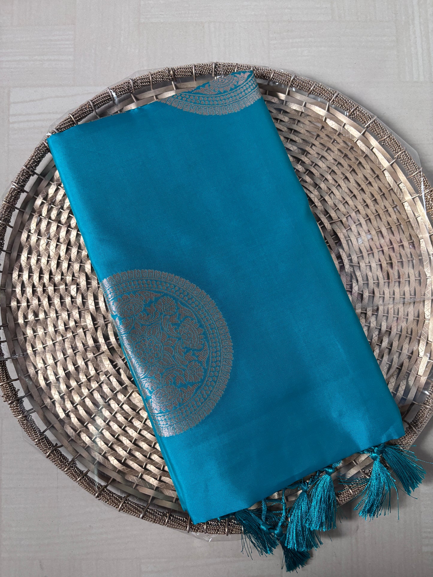 Semi Soft Silk Saree – Aqua Blue with Silver Mandala Motifs & Tassels