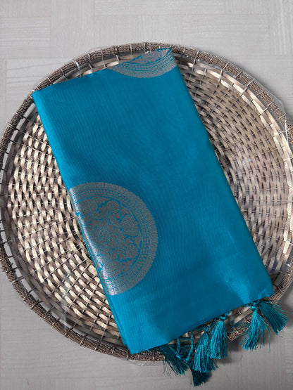 Semi Soft Silk Saree – Aqua Blue with Silver Mandala Motifs & Tassels