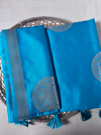Semi Soft Silk Saree – Aqua Blue with Silver Mandala Motifs & Tassels
