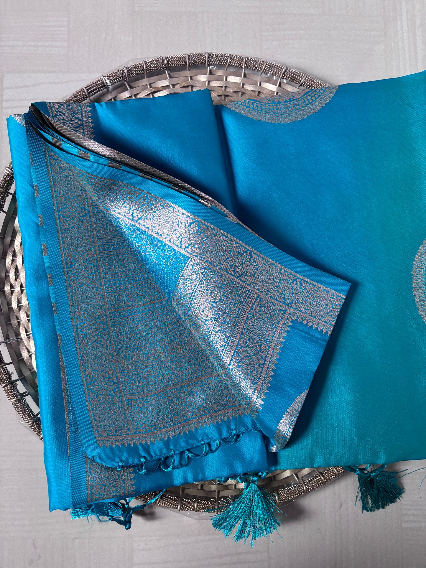 Semi Soft Silk Saree – Aqua Blue with Silver Mandala Motifs & Tassels