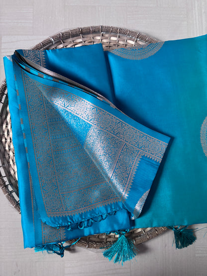 Semi Soft Silk Saree – Aqua Blue with Silver Mandala Motifs & Tassels