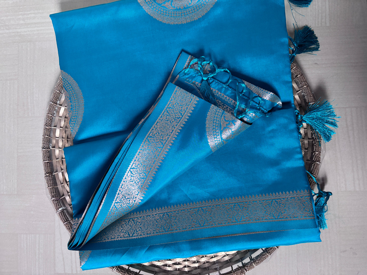 Buy Semi Soft Silk Saree online – Aqua Blue Saree full view