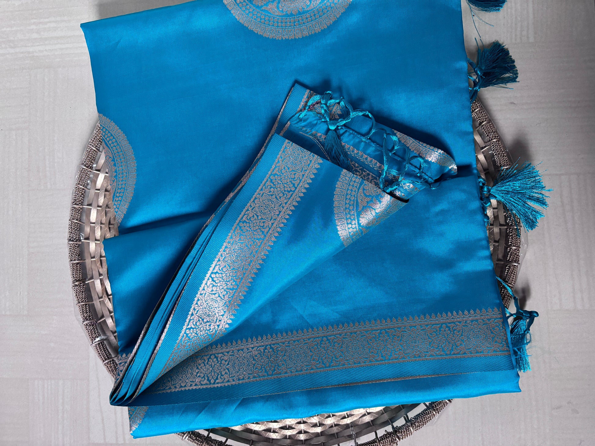 Buy Semi Soft Silk Saree online – Aqua Blue Saree full view