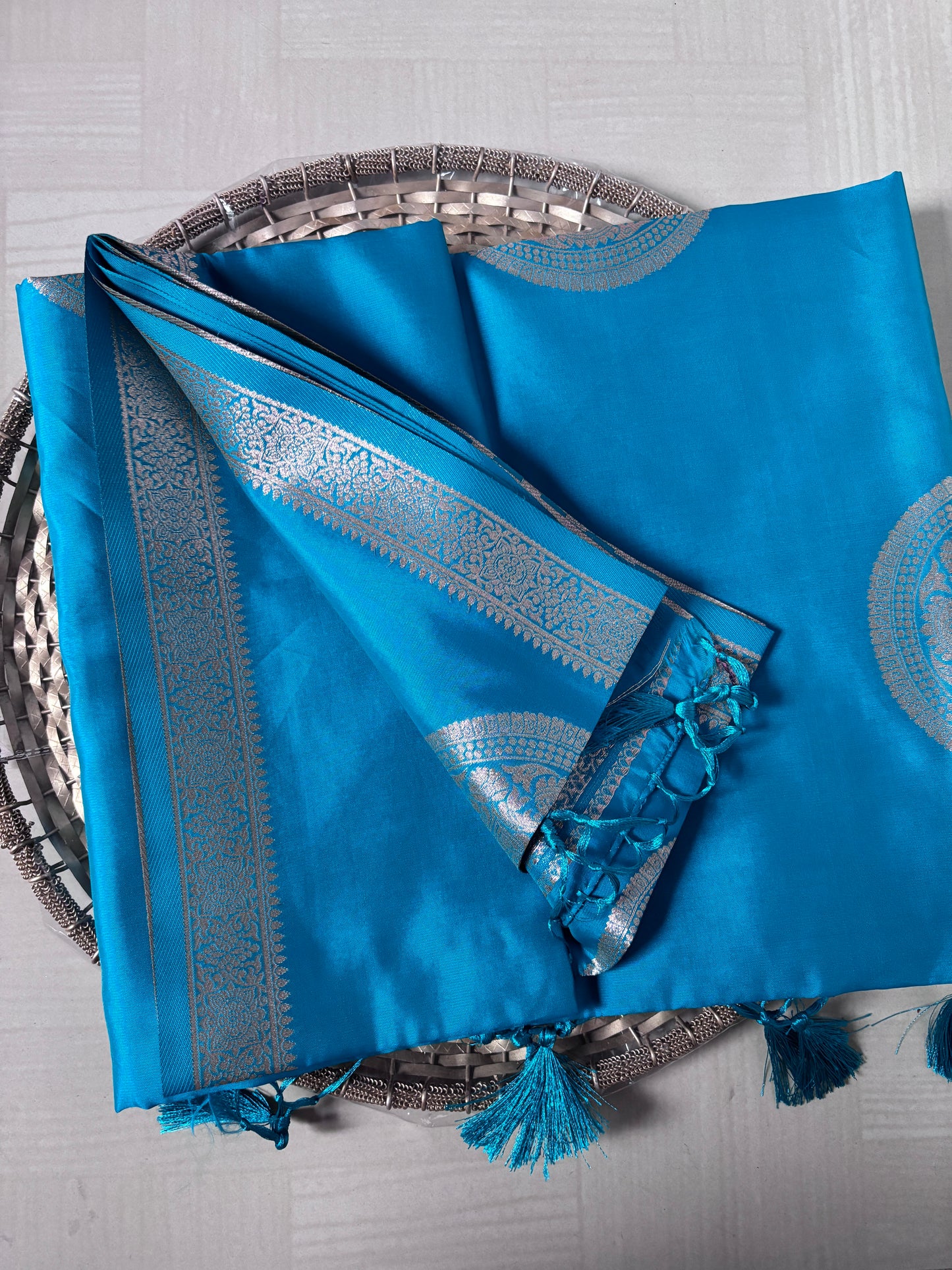 Semi Soft Silk Saree – Aqua Blue with Silver Mandala Motifs & Tassels