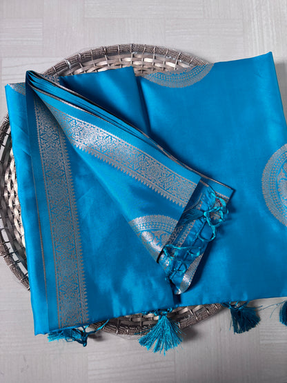 Semi Soft Silk Saree – Aqua Blue with Silver Mandala Motifs & Tassels
