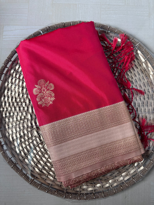 Katan Soft Silk Saree – Rani Pink with Beige Zari Border
