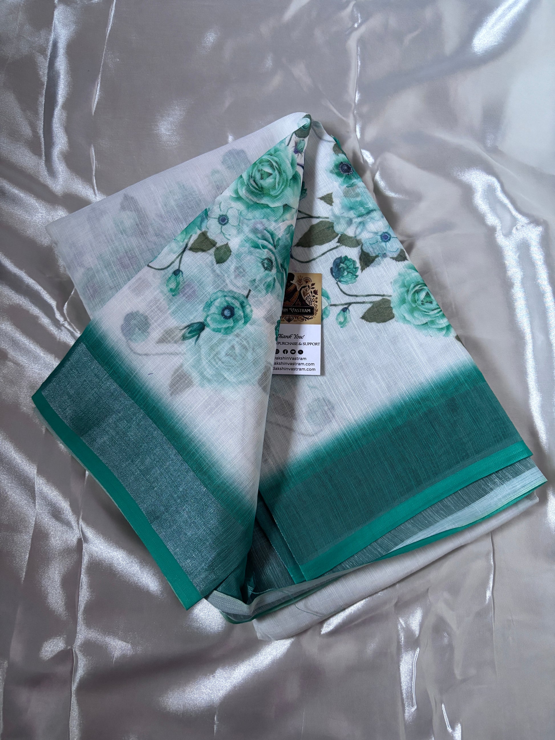 Shop Floral Linen Saree online – Side view showing pleats