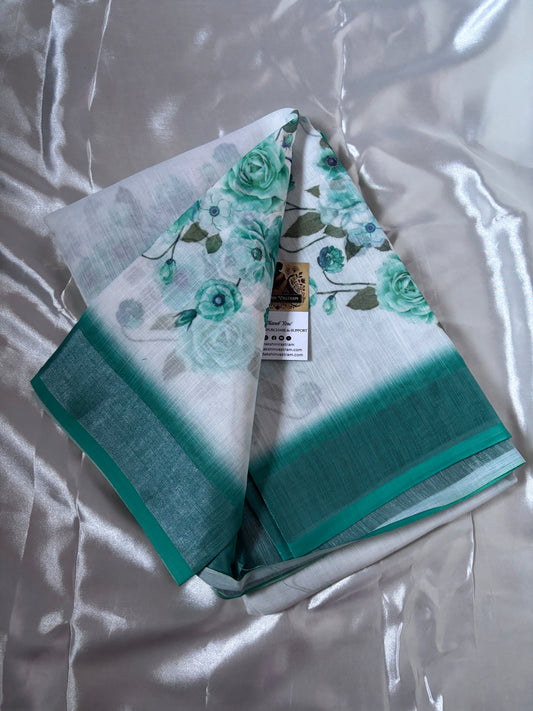 Shop Floral Linen Saree online – Side view showing pleats