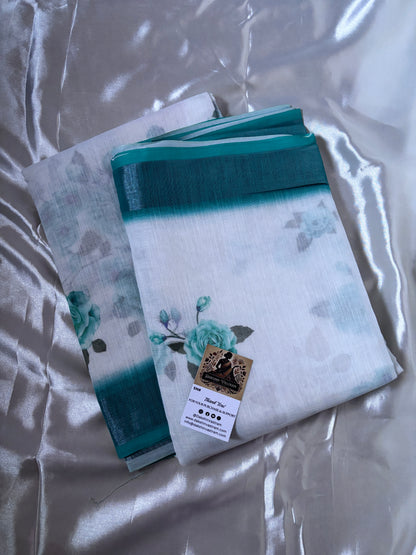 Shop Floral Linen Saree online – Side view showing pleats