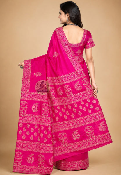 Rear view of Bishnupur Silk Block Print Saree revealing the full pallu with hand-stamped block print heritage motifs drawn from Bishnupur's terracotta temple tradition, each impression carrying the mark of the craftsperson's hand