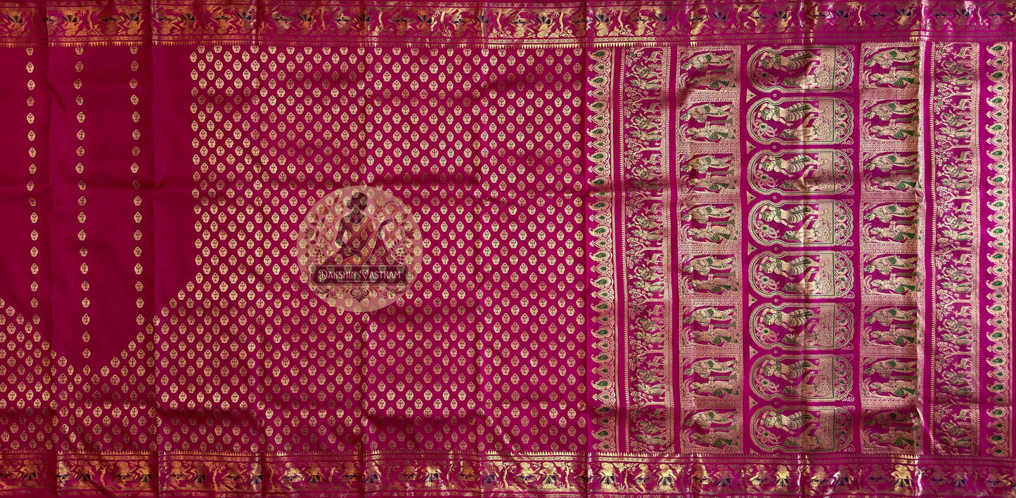 Swarnachari handloom silk saree with golden Samudra Manthan motifs – delivered across UK