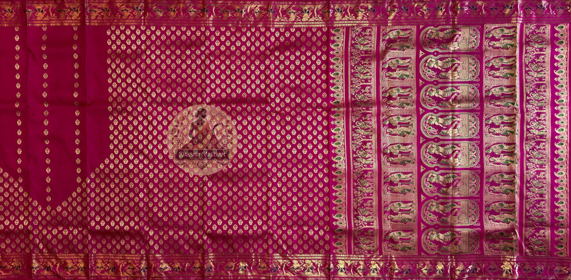 Swarnachari handloom silk saree with golden Samudra Manthan motifs – delivered across UK