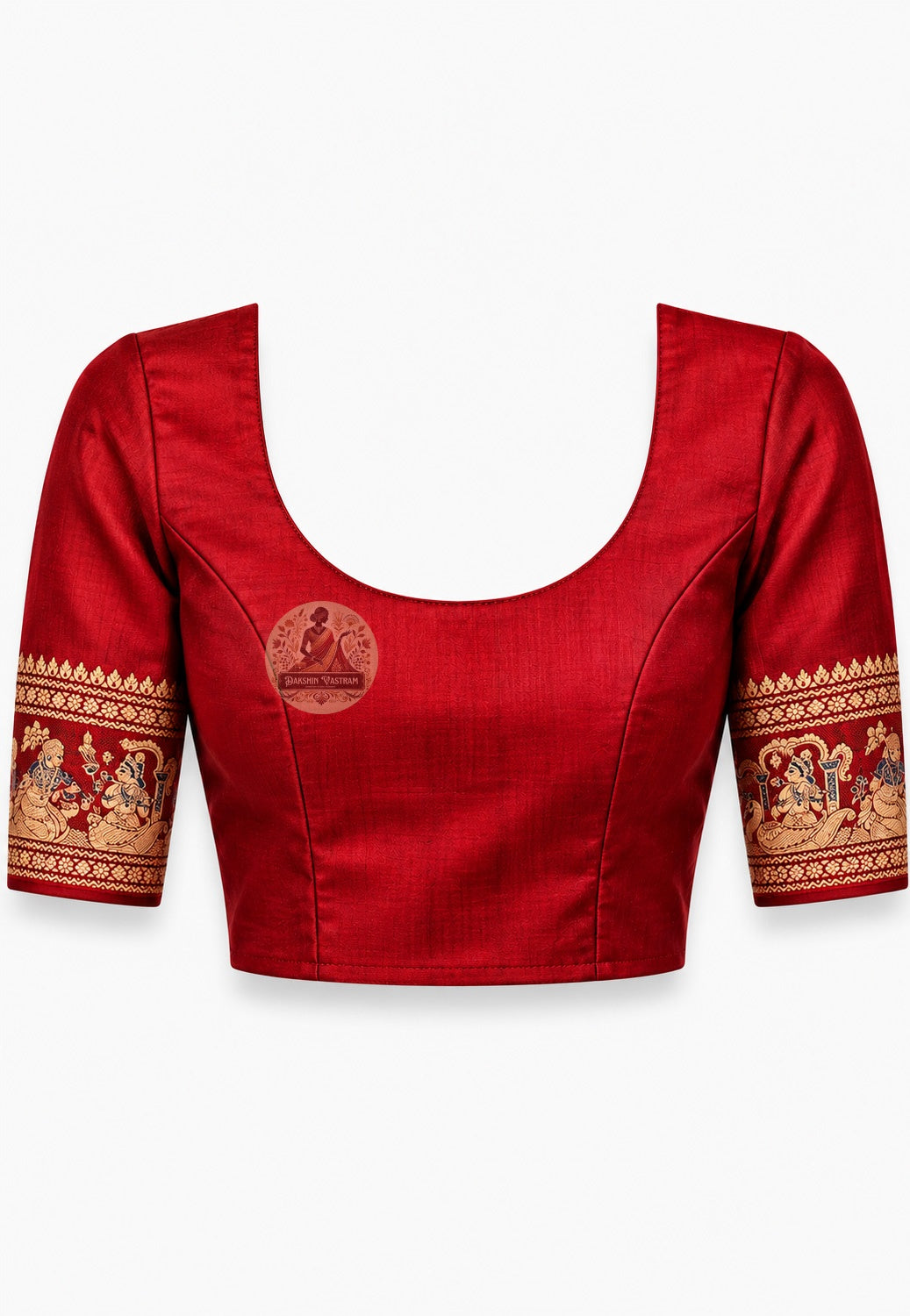 Matching unstitched blouse piece of Swarnachari silk saree in pure handloom silk with golden zari border trim, included with saree