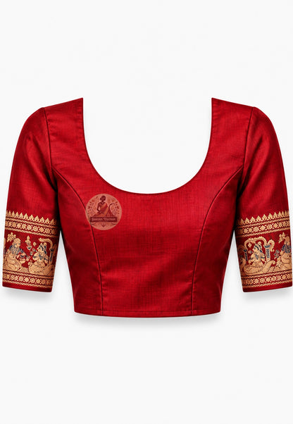 Matching unstitched blouse piece of Swarnachari silk saree in pure handloom silk with golden zari border trim, included with saree