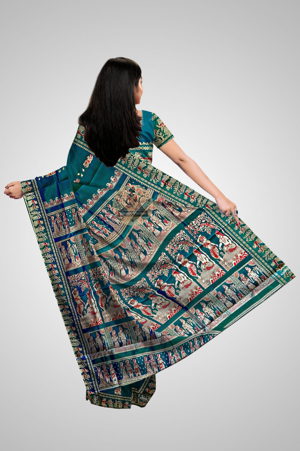 Buy Baluchari Sarees – Rear view of pallu with mythological design
