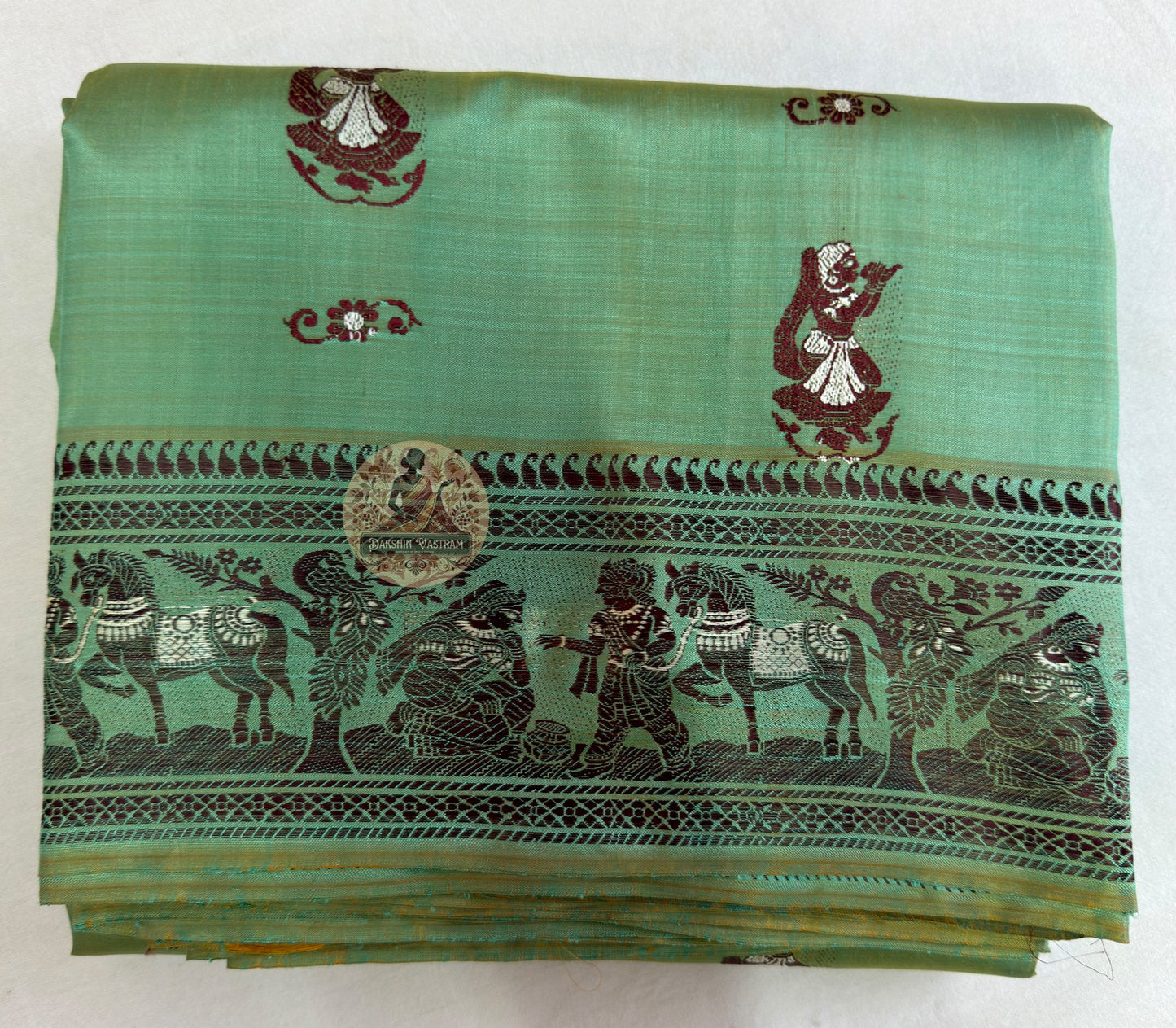 Full view of handwoven Baluchari Silk Saree by Dakshin Vastram, woven with mythology in pure Bengal silk for weddings, Durga Puja and cultural celebrations in UK, USA, EU and India