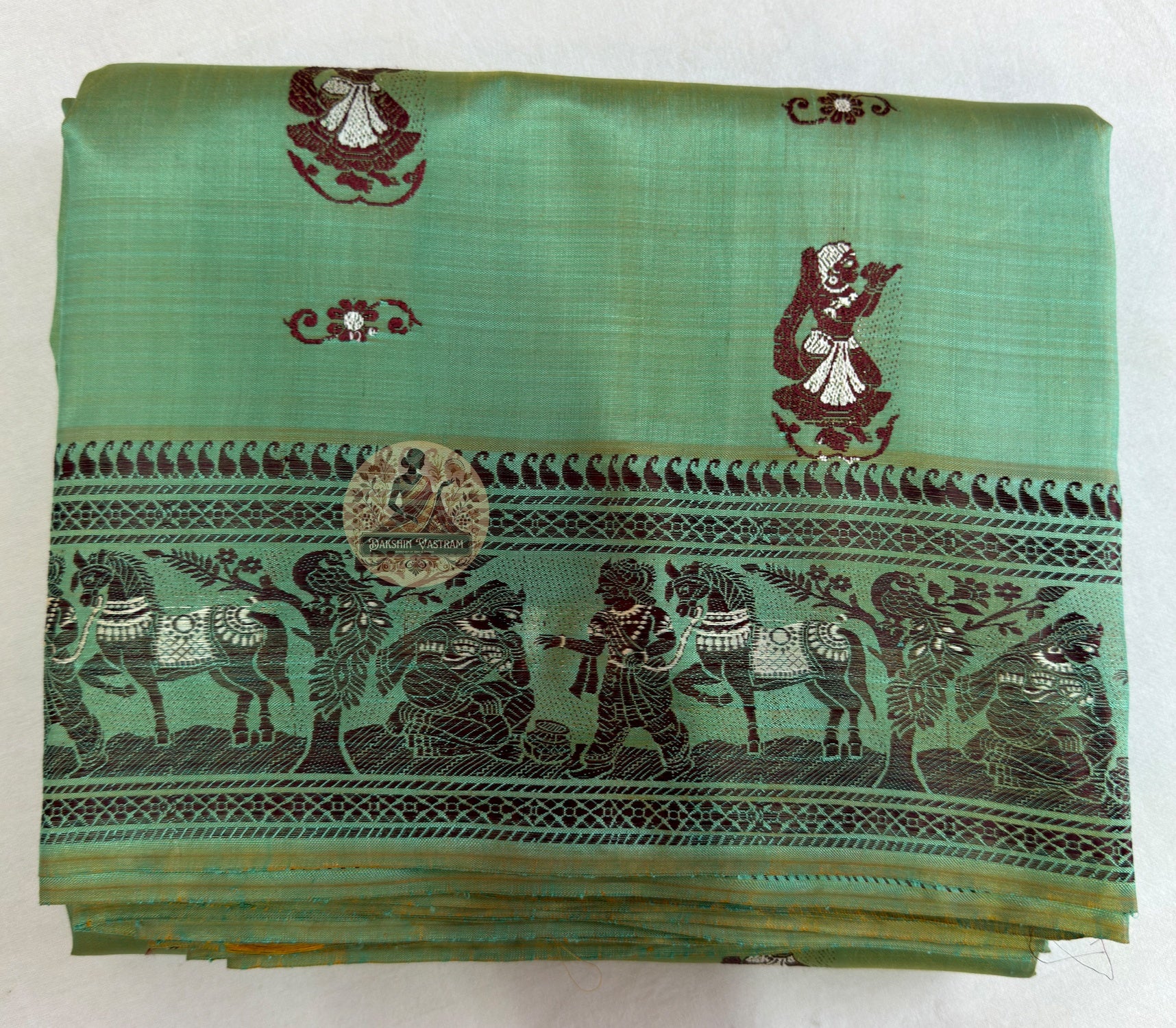 Full view of handwoven Baluchari Silk Saree by Dakshin Vastram, woven with mythology in pure Bengal silk for weddings, Durga Puja and cultural celebrations in UK, USA, EU and India