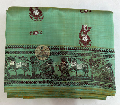 Full view of handwoven Baluchari Silk Saree by Dakshin Vastram, woven with mythology in pure Bengal silk for weddings, Durga Puja and cultural celebrations in UK, USA, EU and India