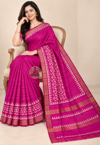 Front view of Ghicha Tussar silk festive saree showing naturally textured pure Tussar silk surface and refined woven motifs for Durga Puja Navratri and cultural galas