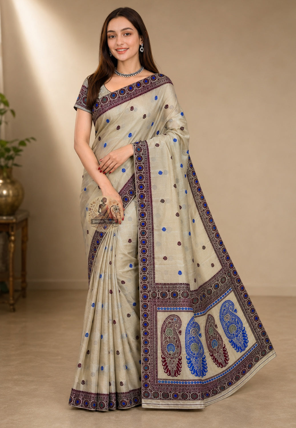 Front view of premium handwoven Baluchari Silk Saree from Bishnupur Bengal, showcasing masterfully woven mythological motifs on the pallu and luminous pure silk drape