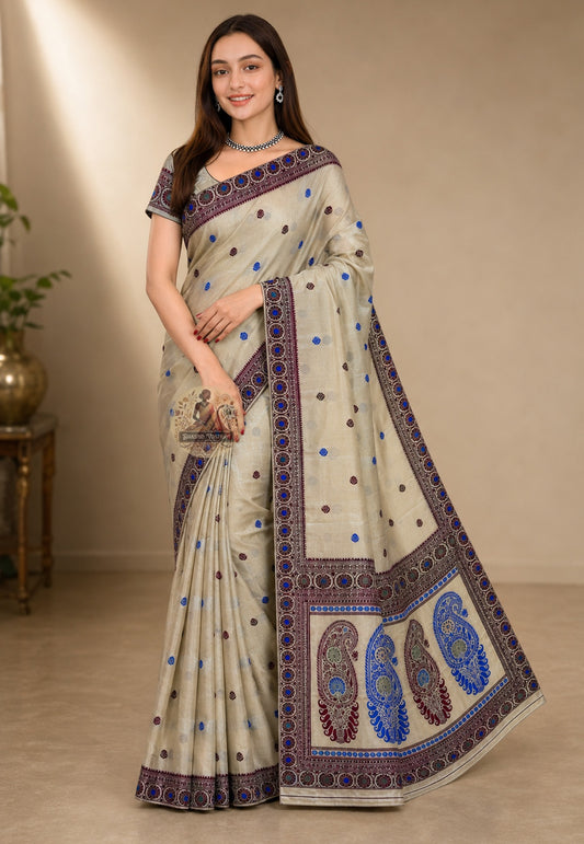 Front view of premium handwoven Baluchari Silk Saree from Bishnupur Bengal, showcasing masterfully woven mythological motifs on the pallu and luminous pure silk drape