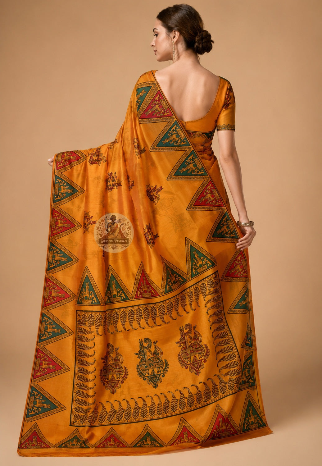 Front view of woman wearing Bishnupur Katan Silk Saree with silk blouse, Indian wedding reception formal occasion