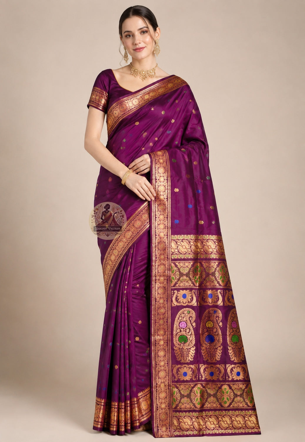 Front view of premium Swarnachari handloom silk saree with illuminating golden zari border and depth-revealing Bengal mythological compositions, West Bengal pit-loom craft