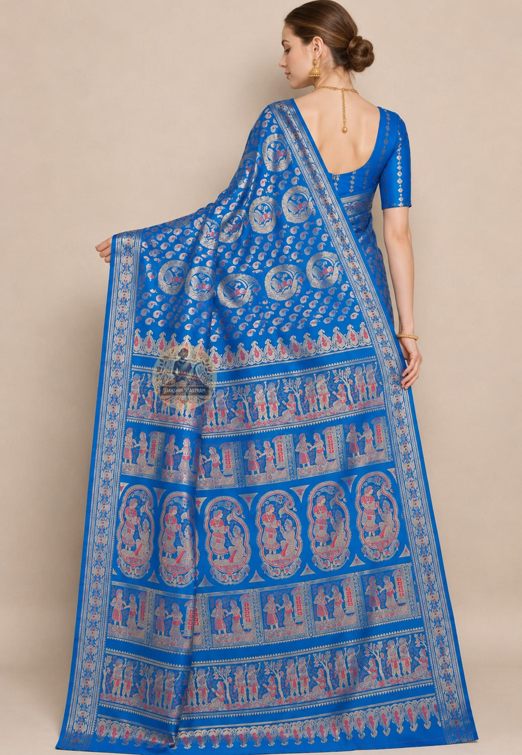 Side view of handwoven Swarnachari silk saree showing golden zari pallu fall and border detail