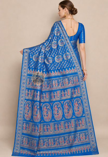 Side view of handwoven Swarnachari silk saree showing golden zari pallu fall and border detail